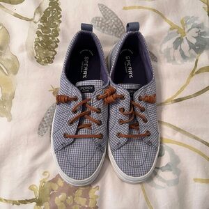Sperry Light Blue Gingham Top-Sider Sneaker with Brown Laces